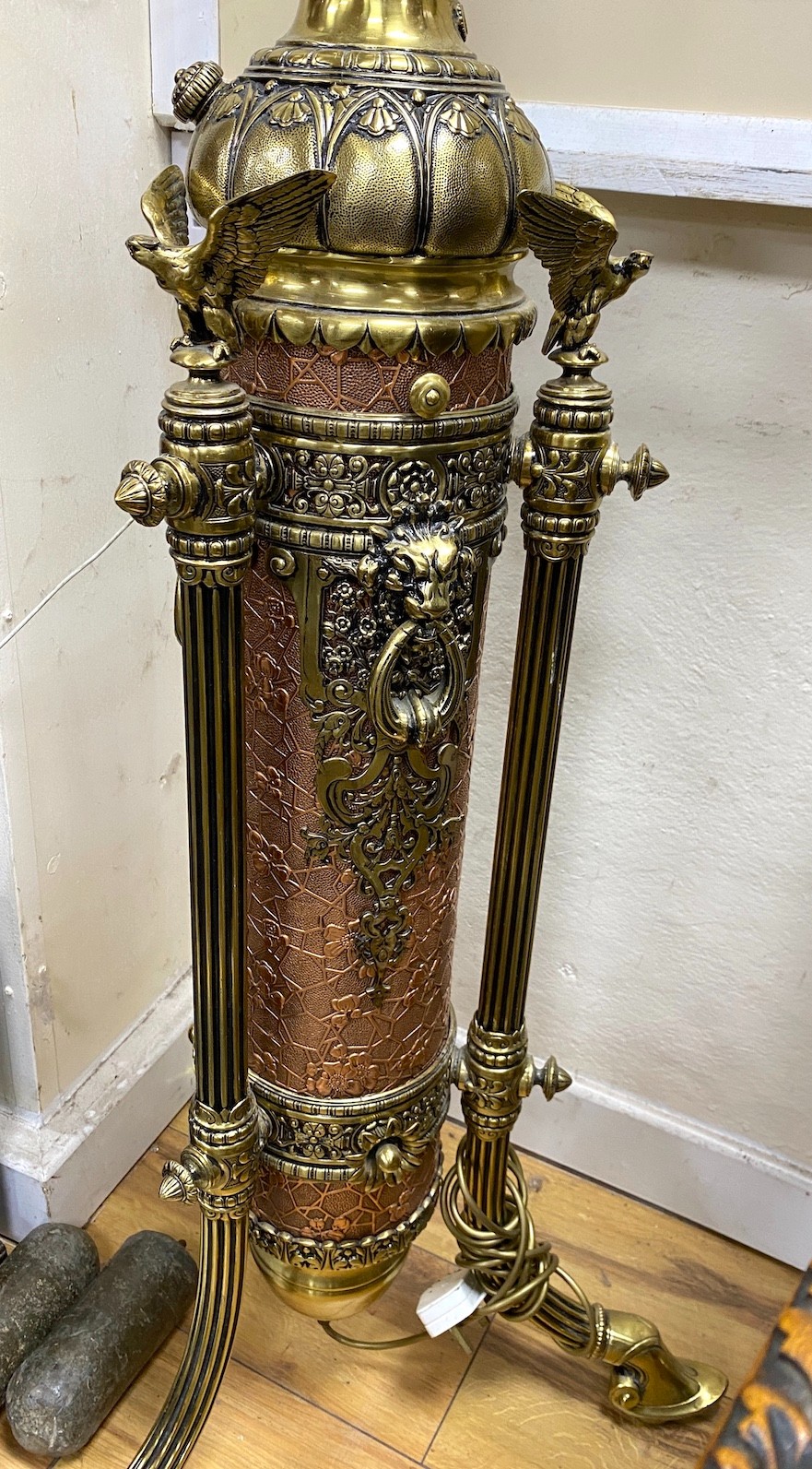 A large brass floor lamp, height 170cm